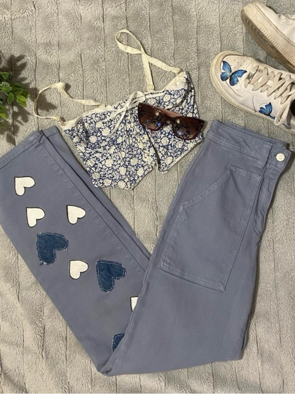 Upcycled Wilfred Unity Pant with White and Dark Blue Heart Patches